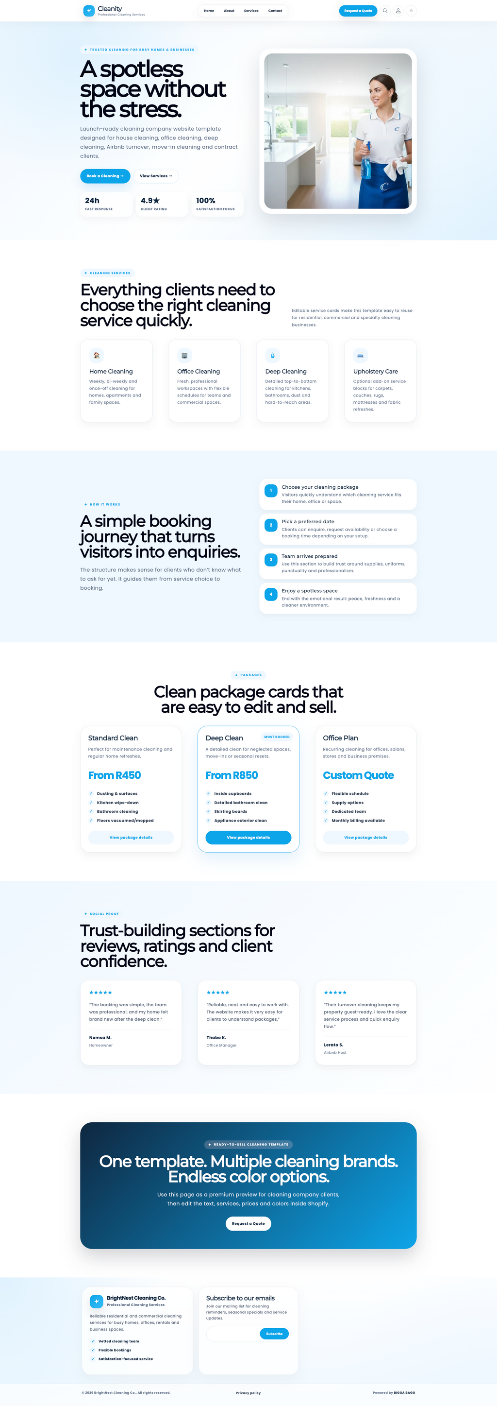 Website page for a cleaning service software with text and images of a woman using a vacuum cleaner.
