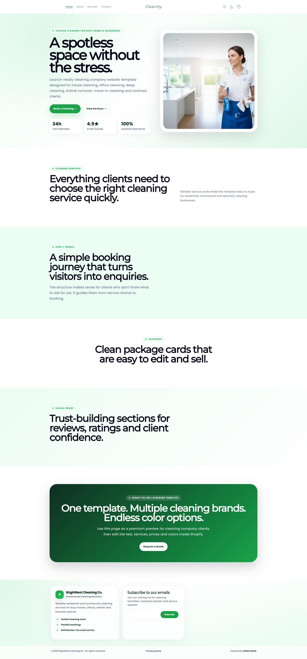 Website layout for a cleaning service with text and images of a woman cleaning.