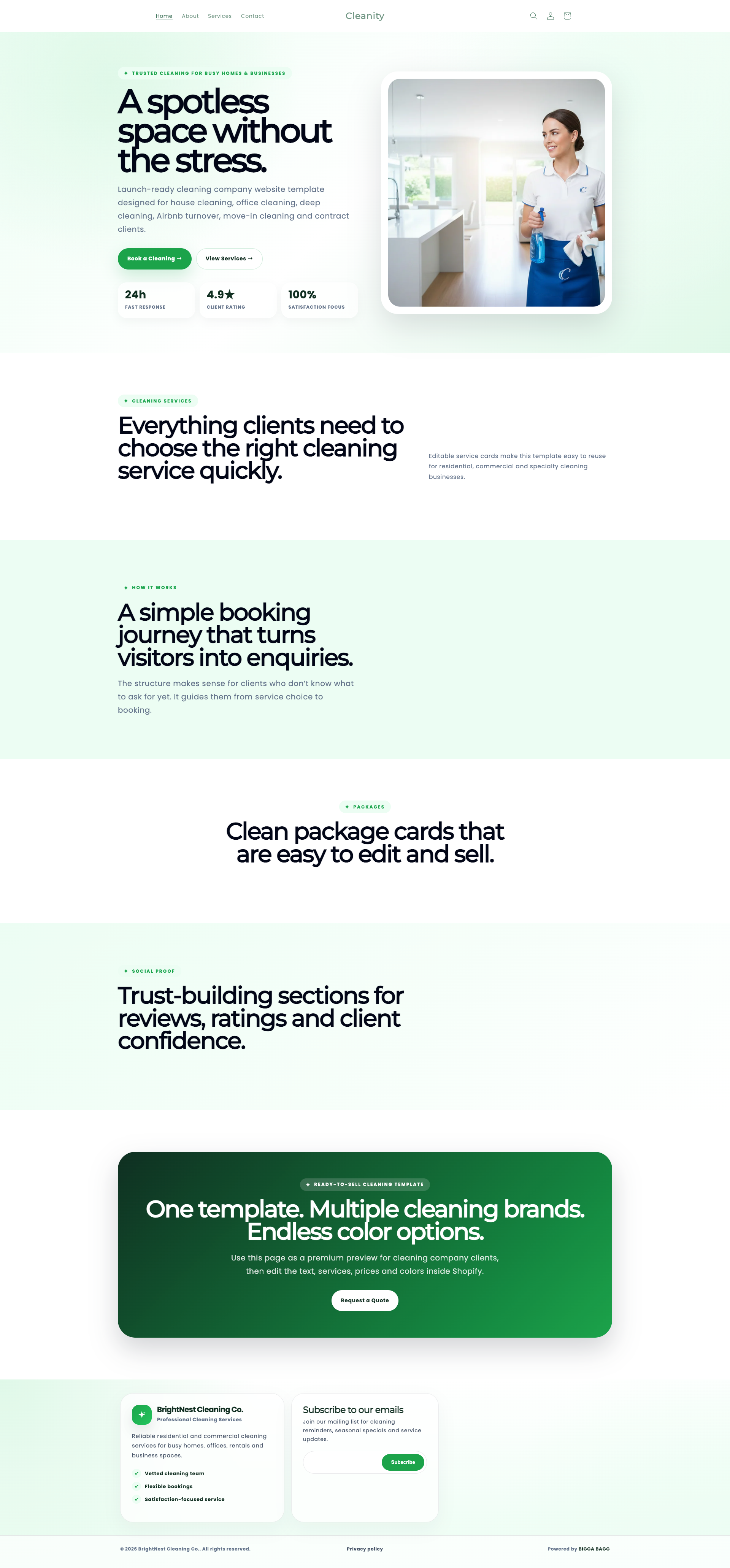 Website layout for a cleaning service with text and images of a woman cleaning.